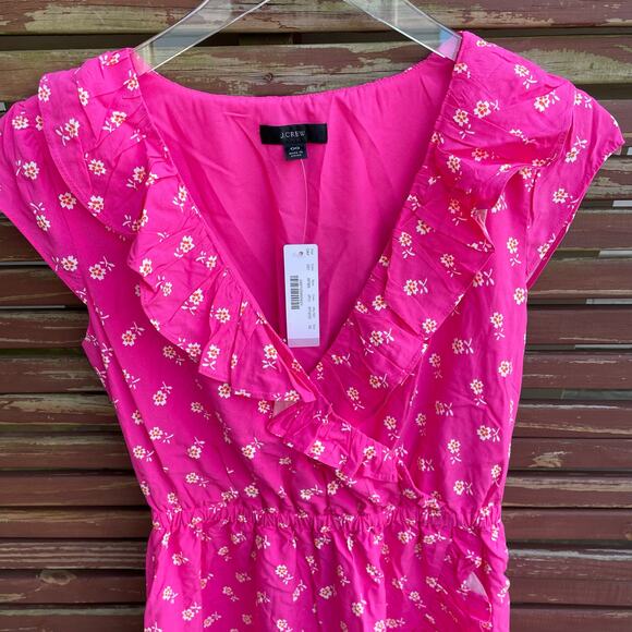 J. Crew Dress V-Neck Ruffle Mini Floral Faux Wrap Cap Sleeve Pink Size 00 NWT - Picture 4 of 9